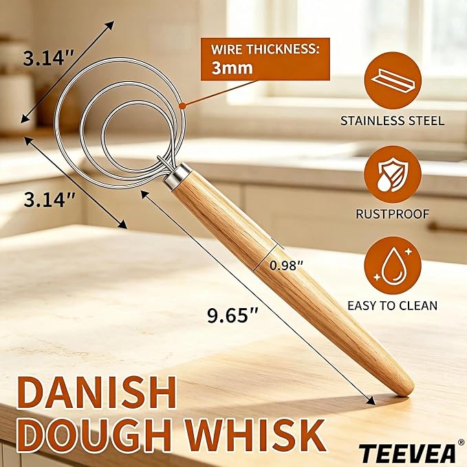 TEEVEA Danish Dough Whisk Wooden Handle Stainless Steel for Sourdough Bread | Dutch Dough Hook, Replaces Hand Mixer and Spoon, Bread Baking Tool, Food Grade Rust Resistant Steel, Non-Stick, Easy to Clean
