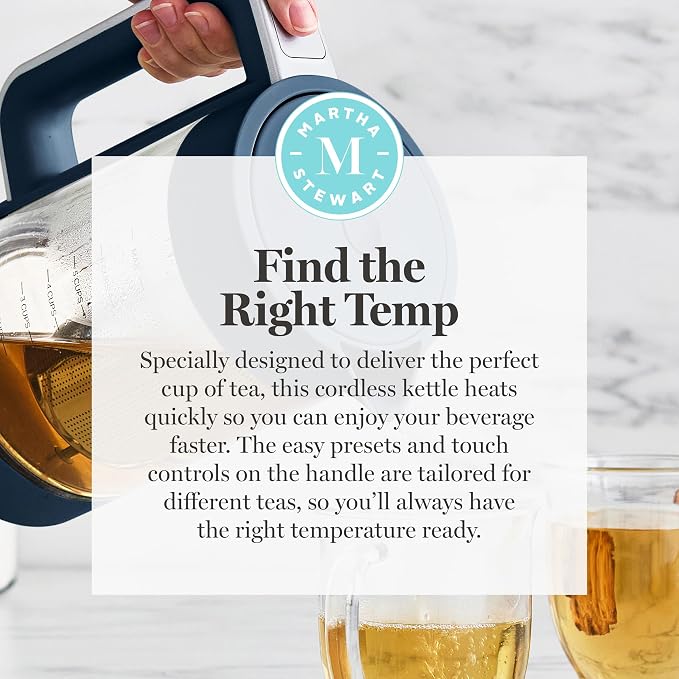 Martha Stewart 1.7L Glass Carafe Electric Kettle with Removable Tea Infuser | 7 Cups, 4 Presets, Rapid Boiling, Stainless Steel Tea Leaf Infuser, Cordless Swivel Base, Keep Warm, Auto Shut-Off, Indigo