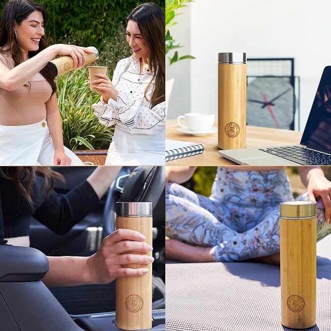 LeafLife Premium Bamboo Tea Tumbler with Infuser for Loose Leaf Tea | Insulated Coffee Bottle, Stainless Steel Gift Set, Leakproof Travel Mug, 22oz