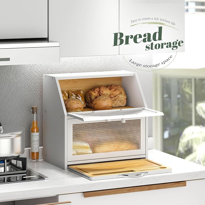 STDDRE Double Layer Bamboo Corner Bread Box with Cutting Board(White) | Extra-large capacity. Double Layer Bread Storage Bin with Door Panel for Kitchen Counter.for kitchen counter