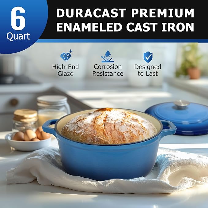Mueller 6qt Enameled Cast Iron Dutch Oven, Heavy-Duty Casserole and Braiser Pan with Lid and Knob, Safe for All Cooktops, Aqua Blue | Casserole & Braiser Pan, Sourdough Bread Baking, PFOA-Free, Oven Safe to 500°F, All Cooktops incl. Induction, Aqua Blue