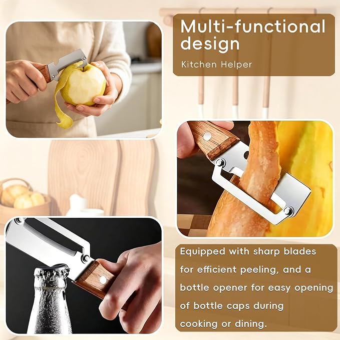 Multifunctional Vegetable Peeler Stainless Steel Blade Wooden Handle Bottle Opener Smooth Thickened 2Pcs Potato Peeler Veggie Peeler – Anti-Slip Aesthetic Wood Handle