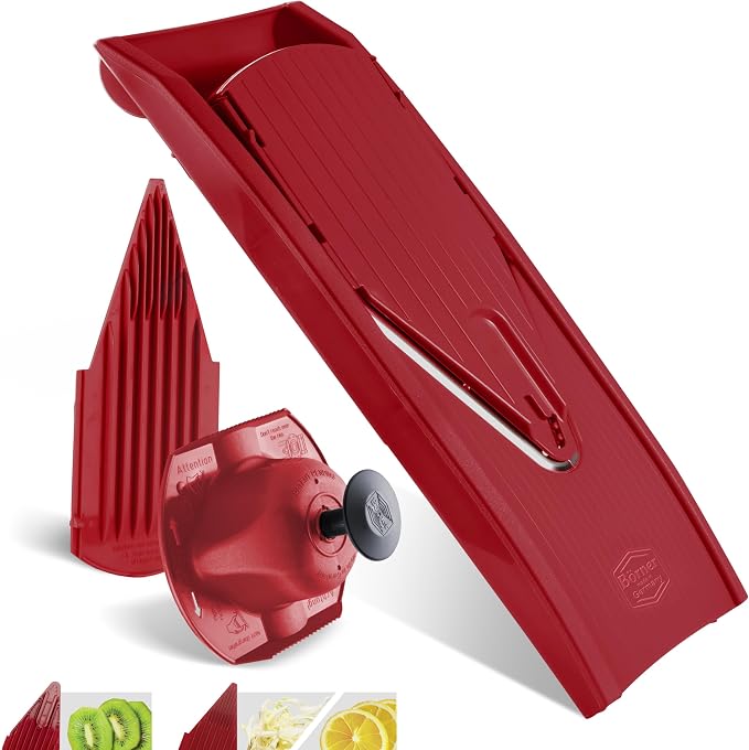 Borner Mandoline Food Slicer V1 (Basic Set) by Reston Lloyd • V-Slicer with Food Holder • Made in Germany • Fruit & Vegetable Chopper • Multiple Settings • Color: Red