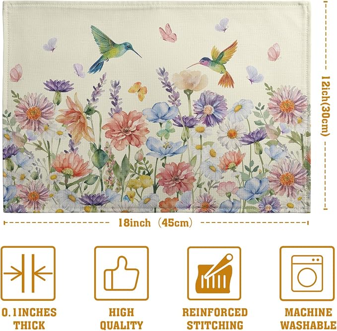 Flowers Bird Spring Summer Placemats Set of 4 Watercolor Floral Hummingbird Butterfly Place Mats 12x18 Inch Wildflowers Grass Seasonal Farmhouse Linen Table Mat for Kitchen Dining Decor