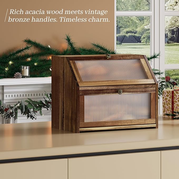 Kitsanery Bread Box for Kitchen Countertop, Acacia Wood Bread Storage Container, 2 Layer Large bread holder, Pantry Organizers, Corner Vintage Decor