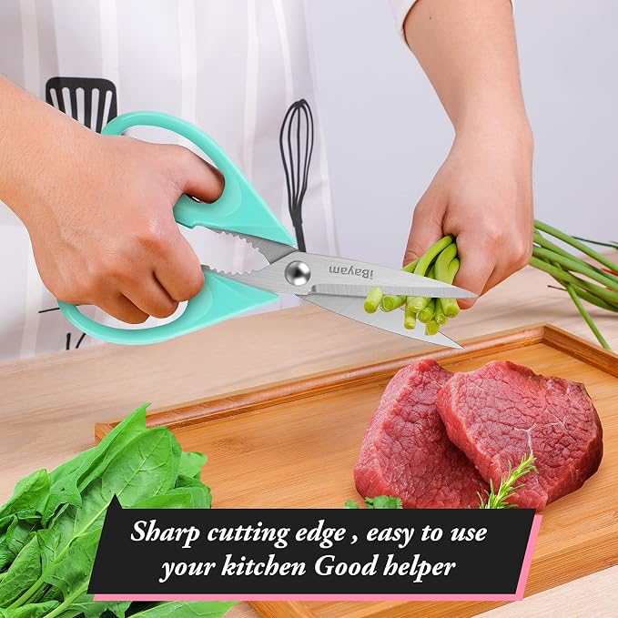 iBayam Cute Kitchen Scissors All Purpose Heavy Duty Meat Poultry Shears | Pastel Pink, Mint Blue, Built-In Bottle Opener, Protective Sheath, Dishwasher Safe, Stainless Steel, Comfort Grip, Left/Right