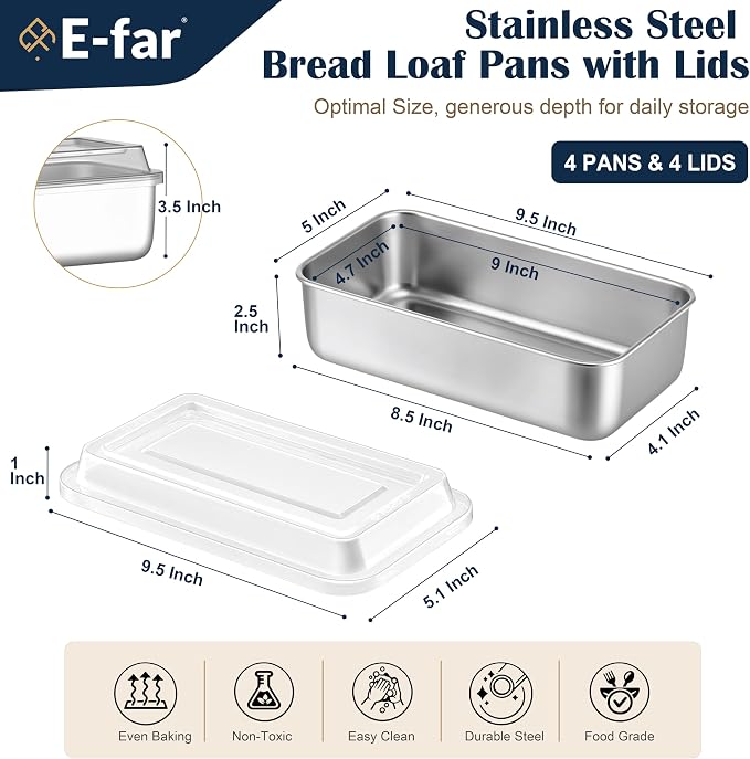 E-far Loaf Pan with Lids, Stainless Steel Bread Pans for Homemade Bread | 9 x 5 Inch Rectangle Baking Tins for Sourdough, Meatloaf, Banana Cake, Nontoxic & Dishwasher Safe - Set of 4