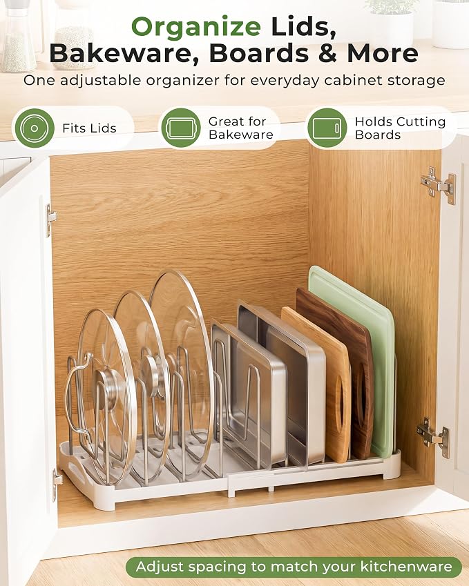 EVERIE Adjustable Cabinet Organizer for Pot Lids, Bakeware, Cookie Sheets & Cutting Boards, Upright Storage Rack for Kitchen Cabinet, Stable Dividers, 9.7" Deep, 12.6" to 21.5" Wide, GS02SS | 5mm Steel Dividers, Anti-Wobble, M-Slot for Lid Handles, BPA...