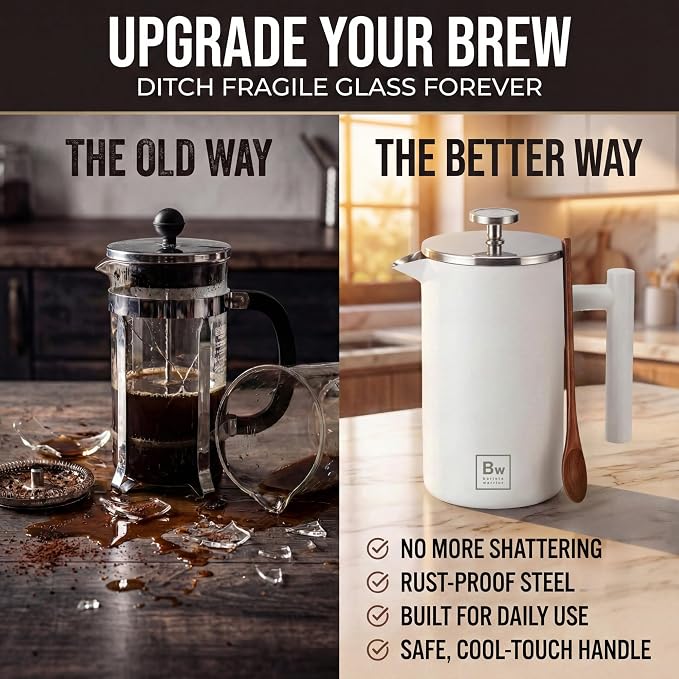 Barista Warrior French Press Coffee Maker - Double-Wall Stainless Steel Insulated French Press with Built-In Thermometer, Dual Filters Coffee Maker with Wooden Spoon - White
