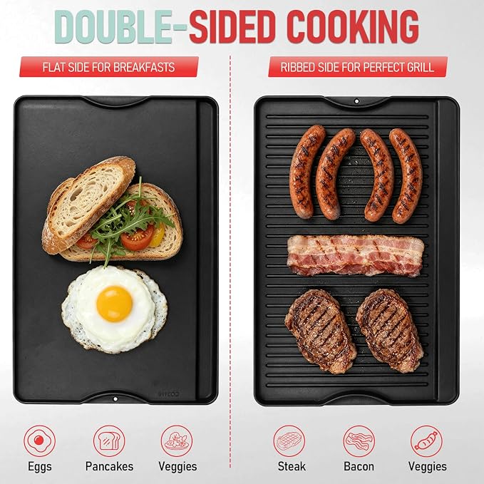 24" X 16" Reversible Cast Iron Griddle for Camp Chef, Stove Top Accessories | Flat top griddle plate for universal 4 burner stove & gas/charcoal/propane outdoor grill, even heating, durable,easy to clean