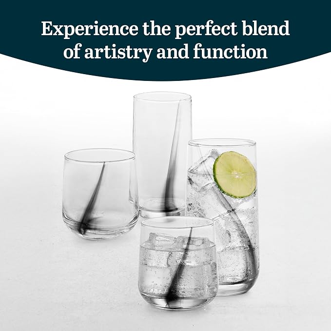 Libbey Ascent Black Ribbon Tumbler and Rocks Drinking Glasses Set of 16, Glass Drinking Glasses with Curvature, Versatile Glassware Set for Daily Use