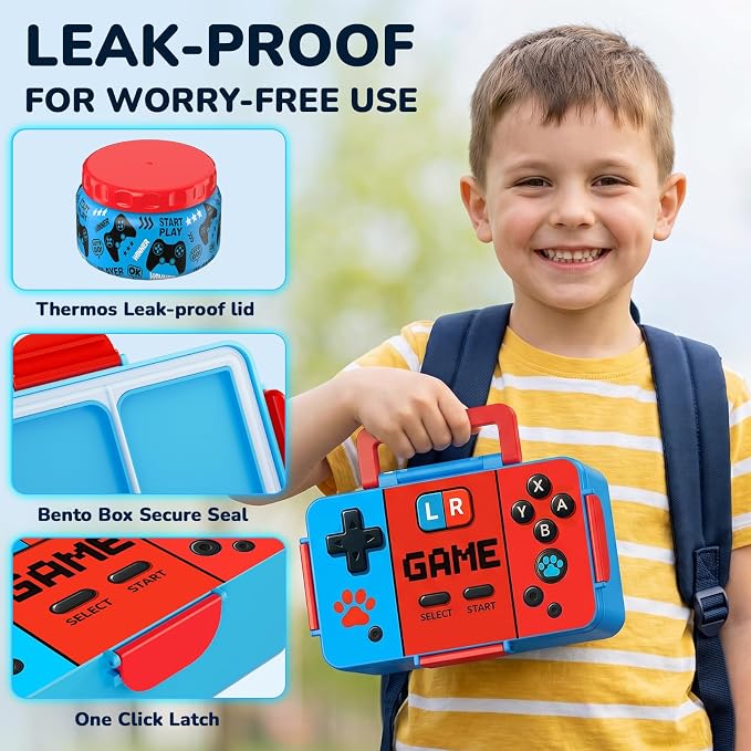 Bento Lunch Box for Kids– Game Console Design with 12oz Insulated Stainless Steel Soup Jar and Built-in Ice Pack, 3-Compartment Leak-Proof Kids Bento Box for Boys Girls School Travel