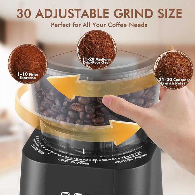 AYCHIRO Electric Burr Coffee Grinder, Conical Burr Grinder with Touch Screen, Coffee Grinder with 30 Grind Settings for Espresso, Drip Coffee & French Press, 2-12 Cups, Black