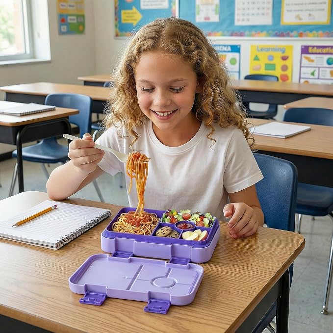 Bento Lunch Box for Kids, 5/6 Compartments, Purple Patterned | Dishwasher Safe Back to School Snack Bento Lunch Containers Boxes, Ideal Portion Sizes for On-the-Go Meal, Ages 3+, School