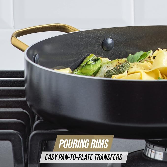 Blue Diamond 4QT Saute Pan with Lid, Non Toxic Induction PFAS-Free Diamond Ceramic Nonstick, Dishwasher & Oven Safe, Metal Utensil Safe, Gold Handle & Helper Handle, Jumbo Skillet, Glass Lid, Black