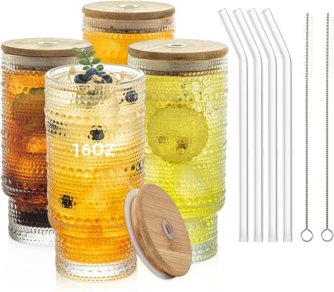 KEMORELA 16oz Hobnail Drinking Glasses with Lids and Straws,4 pack Vintage Glasses Tumbler Cups for Iced Coffee,Tea Glasses,Beer,Cocktail,Ideal for Whiskey,Slip-resistant Embossed Surface
