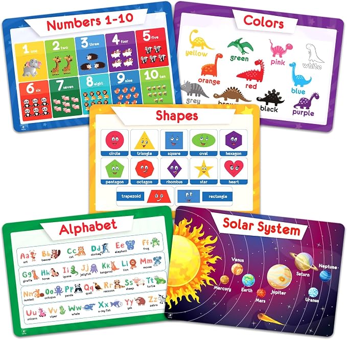 Simply Magic 5 Educational Placemats for Kids – Kids Placemats Non Slip | Washable Reusable Plastic Place Mats for Toddler, Alphabet ABC, Shapes, Colors, Numbers, Solar System Learning Place Mats