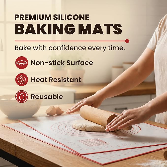 Silicone Baking Mats - Non-Stick Pastry Mat, Full Sheet Size, Pack of 2 | Non-Stick Pastry and Dough Mat with Measurement Guides, Silicone Mat and Baking Essentials, Full Sheet Pack of 2 (15" x 23")