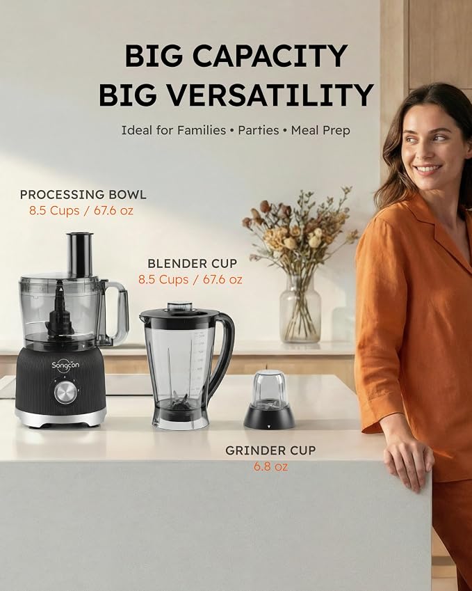 Sangcon Smoothie Blender and Food Processor Combo for Kitchen, 600W Vegetable Chopper with 2 x 8-Cup Bowls, 11-in-1 Food Chopper for Slicing, Shredding, Mixing, Purees & Dough, Shakes, BPA-Free