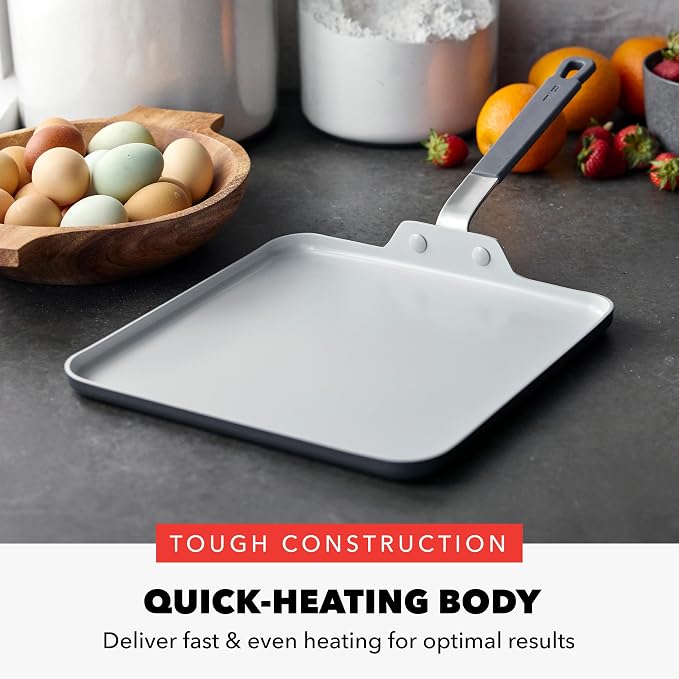 GreenPan x Bobby Flay 11” Nonstick Square Griddle Pan, PFAS-Free Diamond Ceramic,Stay-Cool Silicone Handle, Easy Clean Dishwasher & Oven Safe Skillet, Graphite