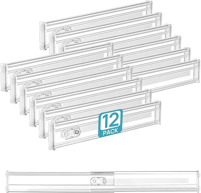 Vtopmart 2.36" Short Upgrade Drawer Dividers 12.8"-22.3" Expandable 12 Pack | Adjustable Kitchen Drawer Organizer, Clear Plastic Separator for Flatware, Utensils, Cutlery, Underwear Storage, Space Saving
