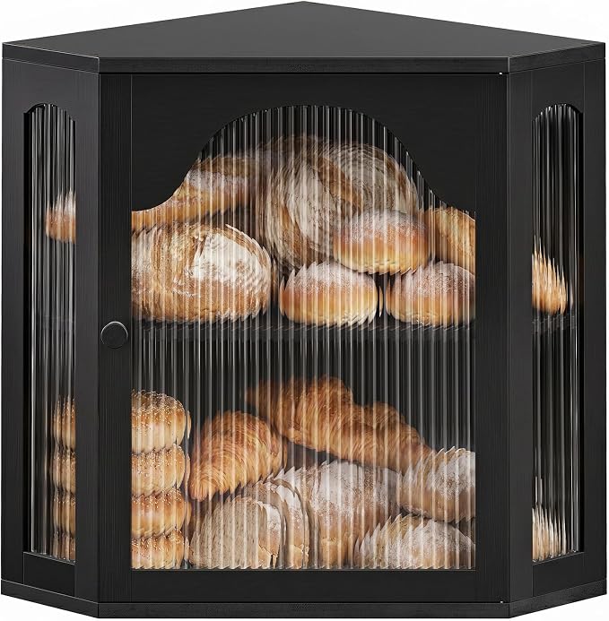 2-Tier Corner Bread Box for Kitchen Countertop with Acrylic Wavy Door Panel | Bread Storage for Homemade Bread, Large Bamboo Vintage Farmhouse Bread Bin, Cabinet Cupboard Pantry, Black, Extra Large