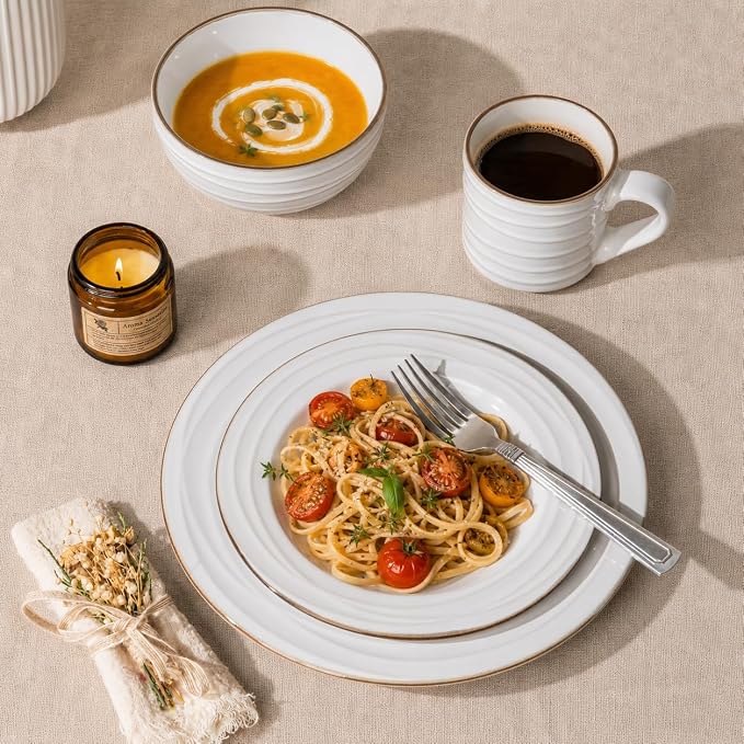 GBHOME Ceramic Dinnerware Sets,12 pcs Embossed Elegant Stoneware Plates and Bowls Sets, Housewarming Wedding Gift | Dishwasher & Microwave Safe | Dishes Set Service for 4 | Embossed Elegant Stoneware Dishes Set | Dishwasher & Microwave Safe | Service f...