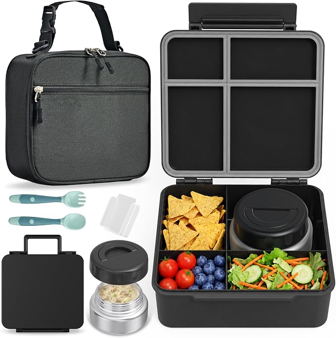 Bento Box for Kids with Thermo Food Container (9oz), 4-Compartment Lunch Box, Adjustable Divider, Leakproof Bento Lunch Box, Includes Utensils & Carry Bag for School, Office(Black)