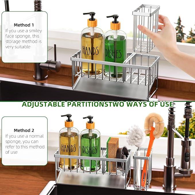 Cisily Kitchen Dish Soap Dispenser Set with 2 Pack 16.9oz Amber Glass Bottle and Sponge Holder, Dish Soap Dispensers with Adjustable Sponge Holder, Vintage Hand and Dish Soap Dispensers Set