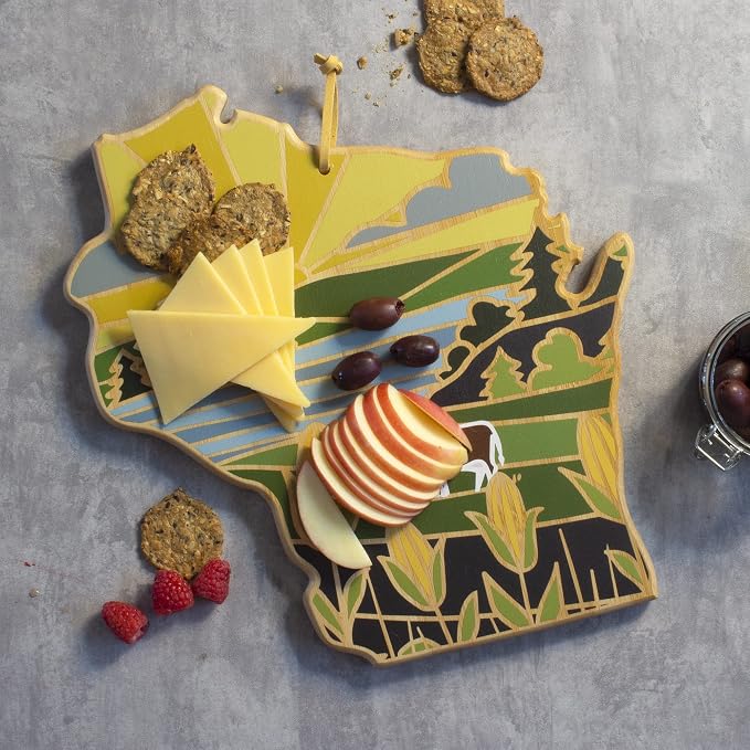 Totally Bamboo Wisconsin State Shaped Cutting Board, Summer Stokes Art | State charcuterie board with colorful hand-drawn landscape art. Smooth reverse side for food prep. Hang tie for wall display.