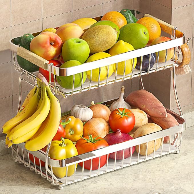 2-Tier Fruit Basket with Banana Hangers, Detachable Metal Bowl | Wooden handle, protective mats included. Versatile holder for bread, snacks, and veggies. Large 2 tier metal design.
