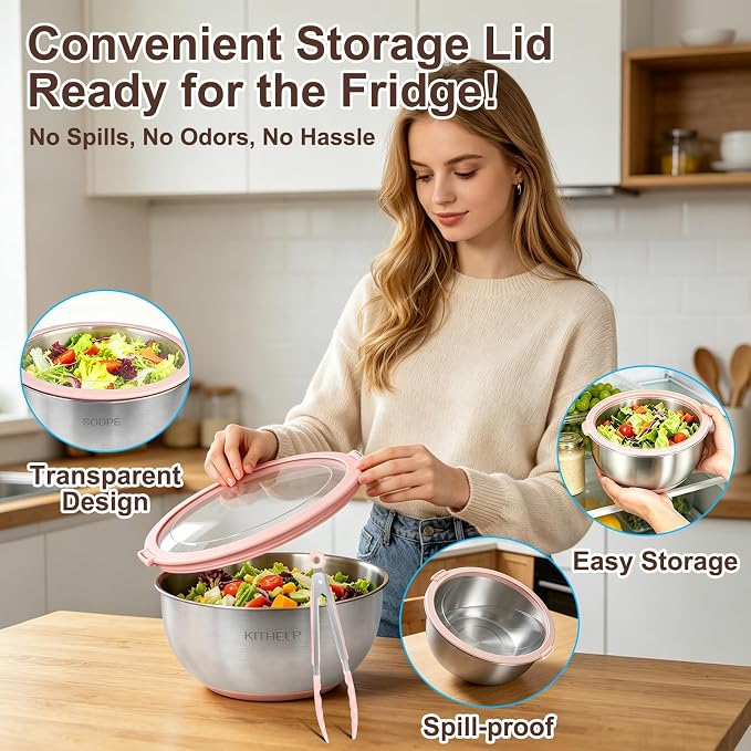 Stainless Steel Salad Spinner Large, Vegetables Fruits Wash Bowl with Strainer, Lettuce Spinner Dryer with Lid and 5 Blades Slicer, Egg Yolk Strainer, Shredder for Efficient Salad Preparation 5.3Qt