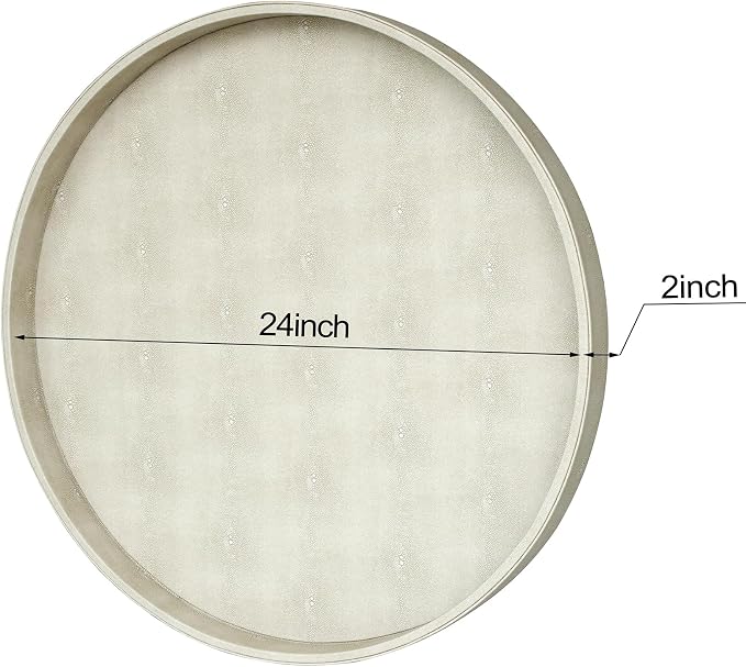 HofferRuffer Large Round Serving Tray 24'', Elegant Faux Leather Circle Ottoman Table Tray, Serve Tea Coffee Breakfast in Bedroom Living Room Kitchen (Cream White)