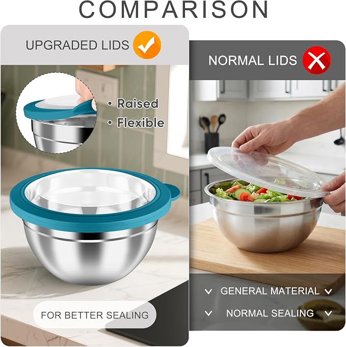 HaWare Mixing Bowls with Airtight Clear Lids, 6-Piece Stainless Steel Strong Nesting Bowls Set, Metal Salad Bowl for Cooking, Prepping, Baking, Serving & Food Storage, Size 4.6, 3, 1.5QT, Teal Blue