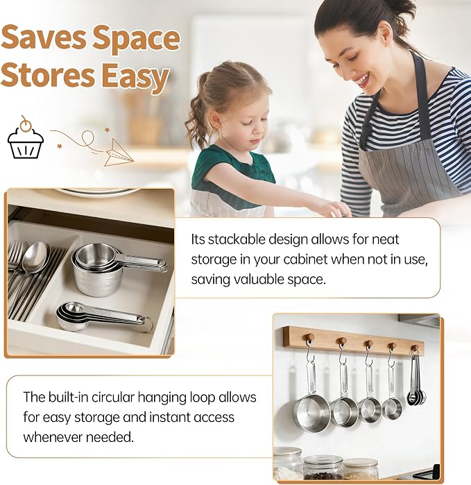 YC Kitchen Measuring Cups and Spoons Set, 8-Piece, Stainless Steel | Metal Handles, Stackable Design, for Dry and Liquid Ingredients - Dishwasher Safe for Cooking & Baking
