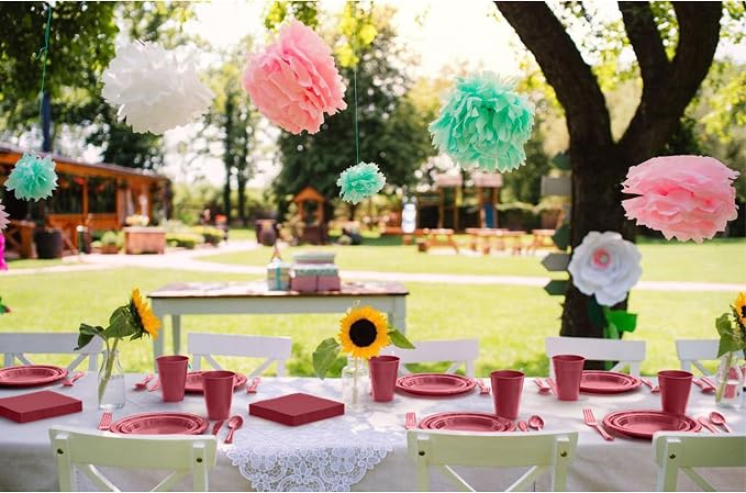 350 Pcs Burgundy Plastic Plates For Party, Burgundy Disposable Plates Set, 50 Of Each 9" Dinner Plate Set, 7" Dessert Plate, Cups, Napkins & Cutlery Plastic Dinnerware Set Exquisite