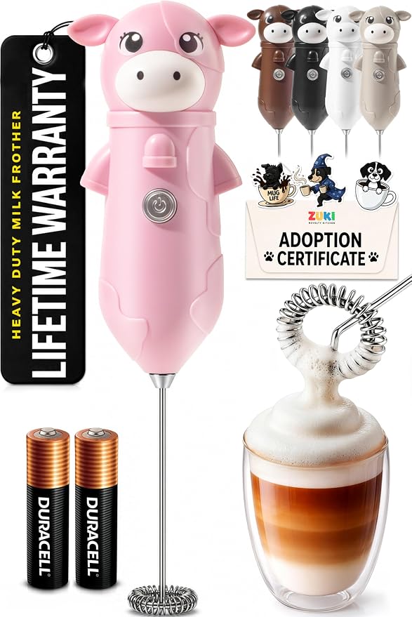 Zulay Kitchen Cow Milk Frother Wand – Cutesy Frother, Meet Your New Frothing Buddy Bubblegum The Cow, Adoption Papers and Stickers Included, Purrr-fect for Lattes, Cappuccino & Matcha – Pink