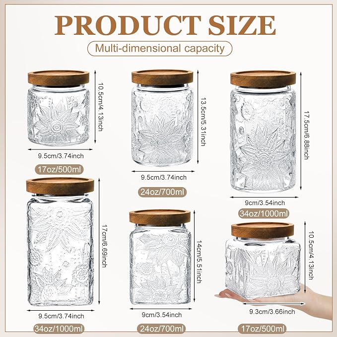 6 Pcs Vintage Glass Jars with Lids, Airtight Snack Coffee Food Storage Set | 17/24/34 oz, Sunflower Glass Decorative Container Set, Kitchen Counter Pantry Use, BPA-Free