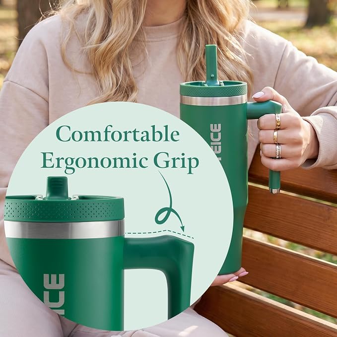 Forest Green 30 oz Insulated Tumbler with Handle Coffee Travel Mug with Lid and Straw, 100% Leakproof Stainless Steel Mug Water Bottle for Iced Tea, Cold Beverages Fits in Car Cup Holder