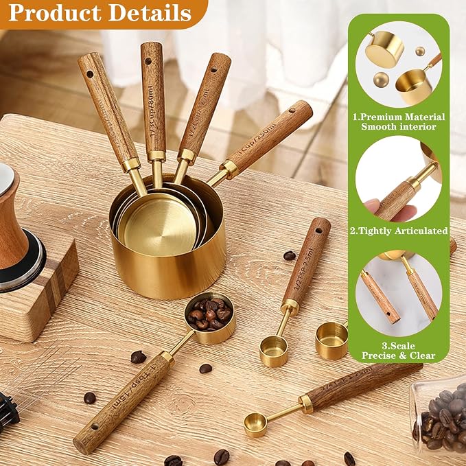 8Pcs Measuring Cups and Spoons Set - Golden Stainless Steel Measuring Cups with Wooden Handle, Metal Measuring Spoons Set Nesting Kitchen Measure Set for Kitchen/Food/Baking (8Pcs Wooden Handle)