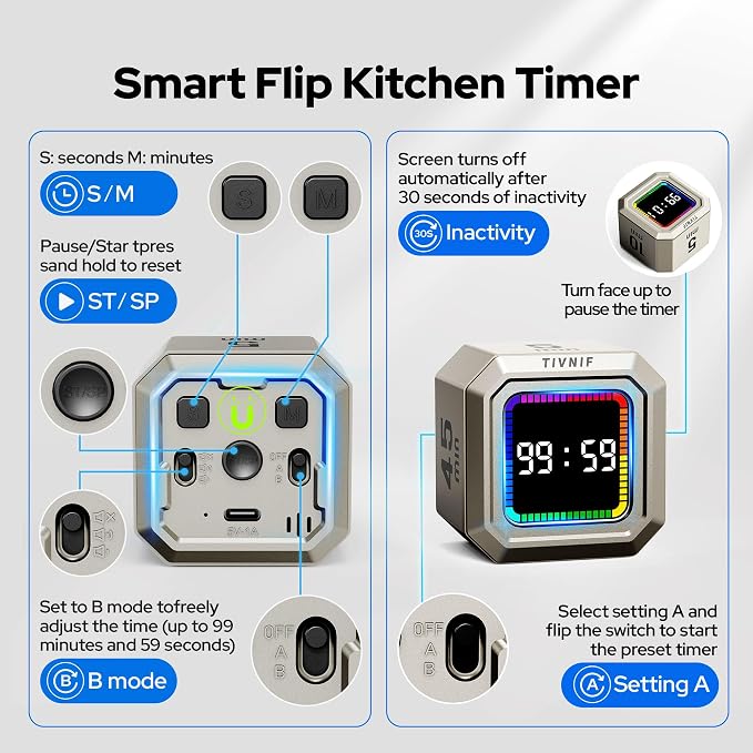 Kitchen Timer Visual Timer for Kids Color Display Gravity Sensor Cube | Digital Pomodoro Timer with Loud Alarm, Magnetic Back, Easy Use for Cooking, Classroom, Study & Productivity
