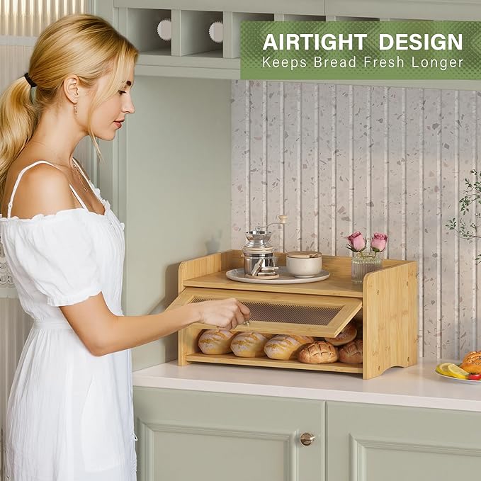 JANSNIMEN Vintage Bread Box for Kitchen Countertop, Bread Container Storage, Wooden Farmhouse Bread Box with Window Bread Holder (Vintage Bamboo)