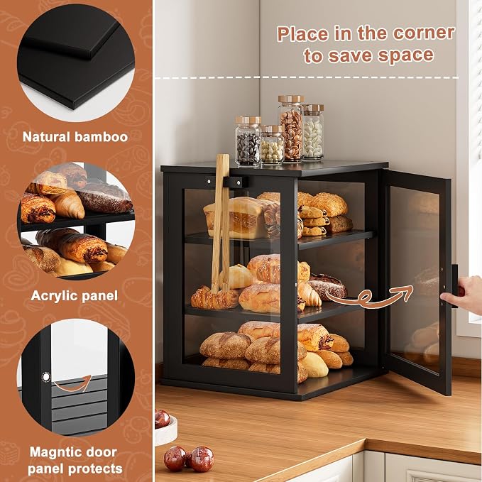 WOWLIVE Bread Box for Kitchen Countertop, 3 Layers Bread Storage Container | Large Bamboo Bread Bin for Homemade Bread with Window, Farmhouse Breadbox Organizer for Kitchen, Cabinet, Black, Extra Large