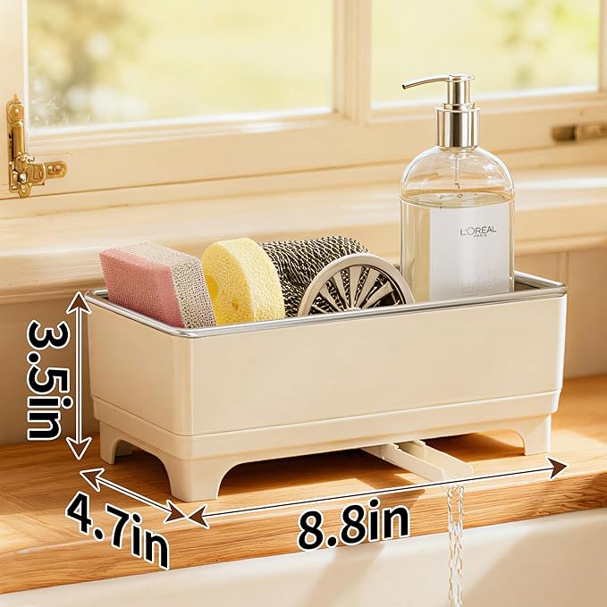 MOUKABAL Rotating Drain Sponge Holder for Kitchen Sink Off-white | Rustproof Stainless Steel/Large Capacity/Keeps Counter Dry/Removable Tray/Soap Bottle Holder