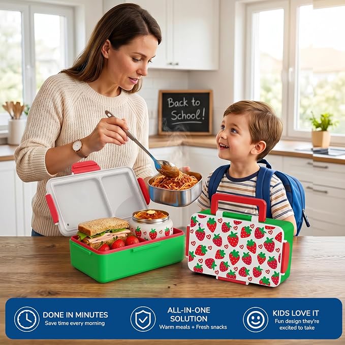 Bento Lunch Box for Kids–Strawberry Console Design with 12oz Insulated Stainless Steel Soup Jar and Built-in Ice Pack, 3-Compartment Leak-Proof Kids Bento Box for Boys Girls School Travel