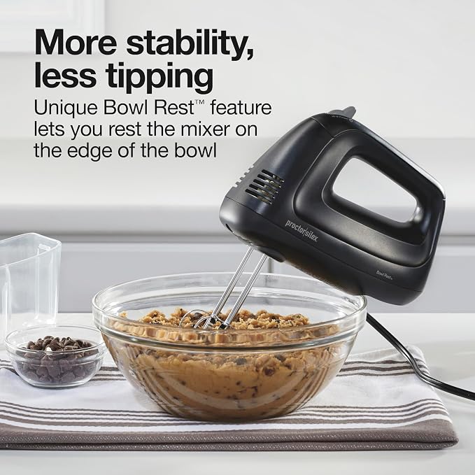 Proctor Silex Easy Mix 5-Speed Electric Hand Mixer with Bowl Rest | Compact and Lightweight | 215 Watts of Peak Power | Snap-On Storage Case | Black | 62512
