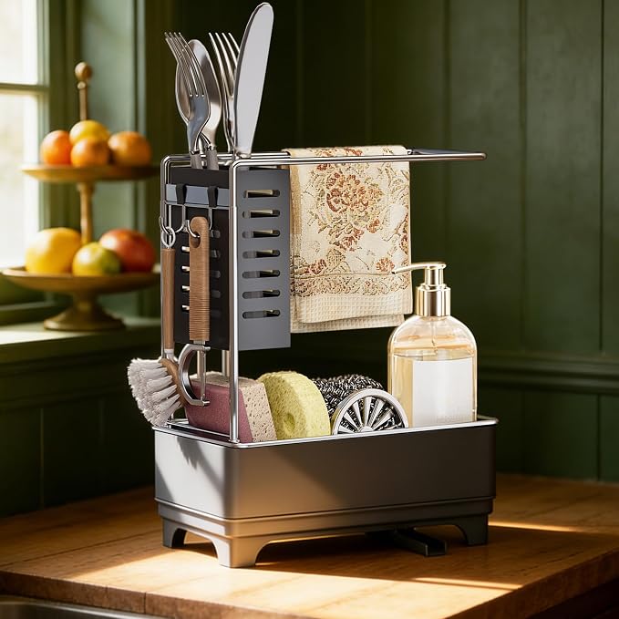 MOUKABAL 2-Tier Sponge Holder for Kitchen Sink, Sink Caddy Organizer Grey | Large Capacity/Rustproof Stainless Steel/360° Rotating Drain Keeps Counter Dry/Holds Sponge & Soap Bottle/Easy-Clean Tray