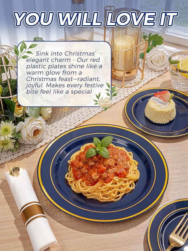 350PCS Navy Blue and Gold Plastic Plates with Rolled Napkins Include Dinner Plate 10’’, Dessert Plate 7’’, gold Cups 9 OZ, Pre Rolled Napkins for Birthday/Wedding/Party