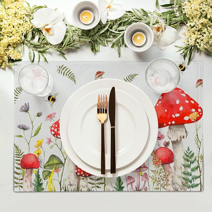 Mushroom Plants Placemats Set of 4，Rustic Wildflowers Heat Resistant Washable Place Mats 12x18 Inch Farmhouse Decor Table Mats for Party Kitchen Dining Indoor Outdoor