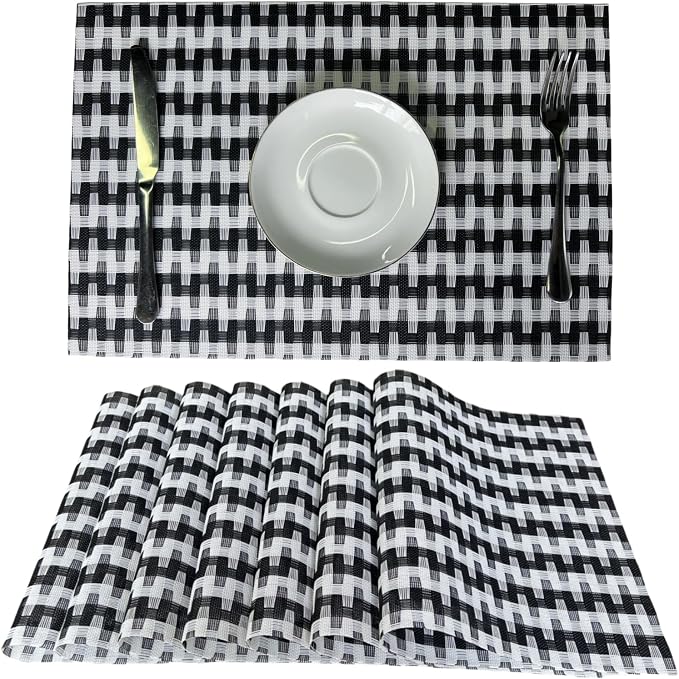 WAZAIGUR Placemats Set of 8, Woven Vinyl Table Placemats, Black White | Placemat, Blending Color Durable Washable Place Mats Indoor Outdoor Heat-Resistant Anti-Skid Kitchen Dining Table Mats
